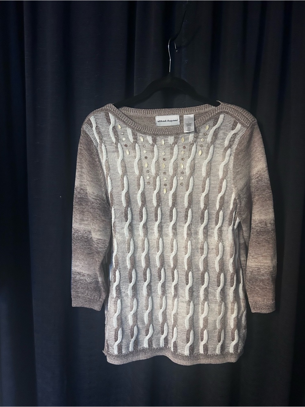Alfred Dunner Taupe & Cream Beaded Cable-Knit Sweater
